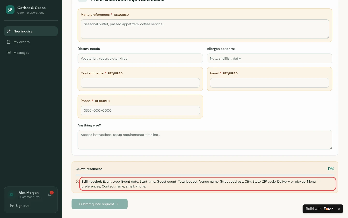 Example result: The inquiry form continuously shows customers which required details are still missing.