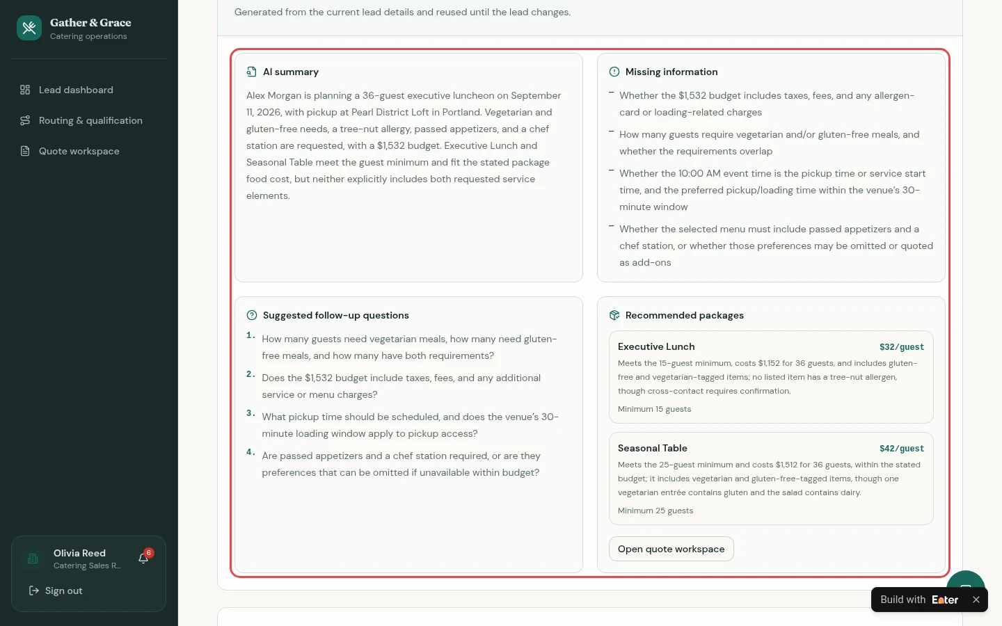 ② Inquiry details: AI lists missing information, suggested follow-up questions, and recommended packages. Cross-contact risk for the nut allergy still requires human confirmation.