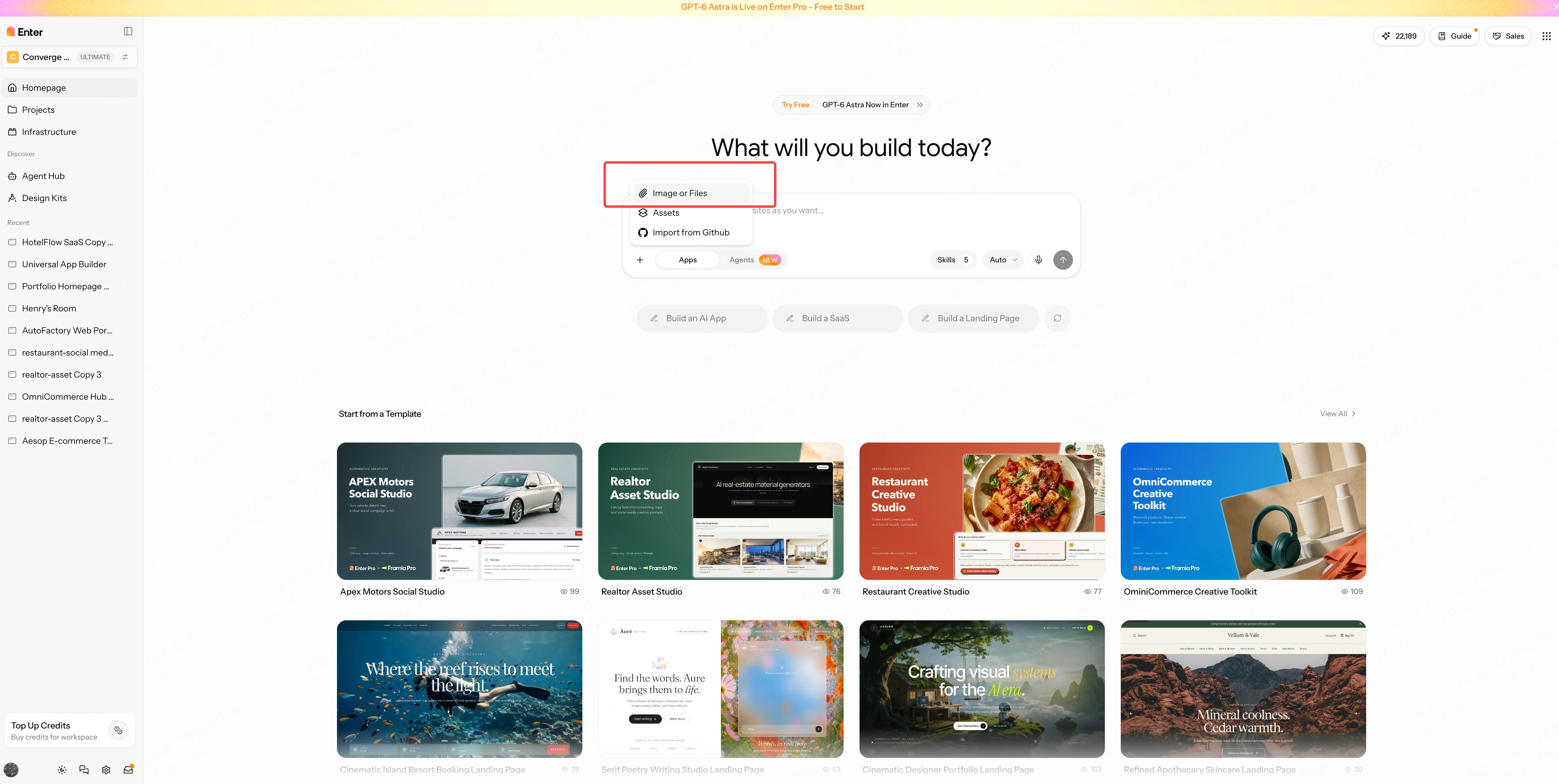 Create a project in Enter: Start from the homepage, describe your requirements in the input box, and upload business files as needed.