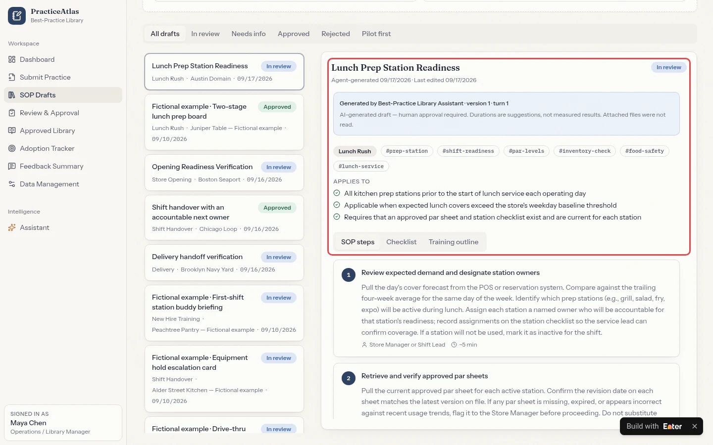 ③ SOP Drafts: The same practice becomes an SOP draft with steps, a checklist, and a training outline in one place.
